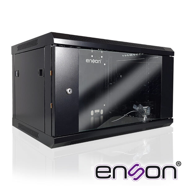 GABINETE DE PARED ENSON ENS-RKGB6U 6UR PUERTA FRONTAL DE CRISTAL TEMPLADO CON CERRADURA DE SEGURIDAD RANURAS DE VENTILACION EN LA PARTE SUPERIOR PARA 2 VENTILADORES DE 11 CM ENSAMBLADO 600X450X368MM