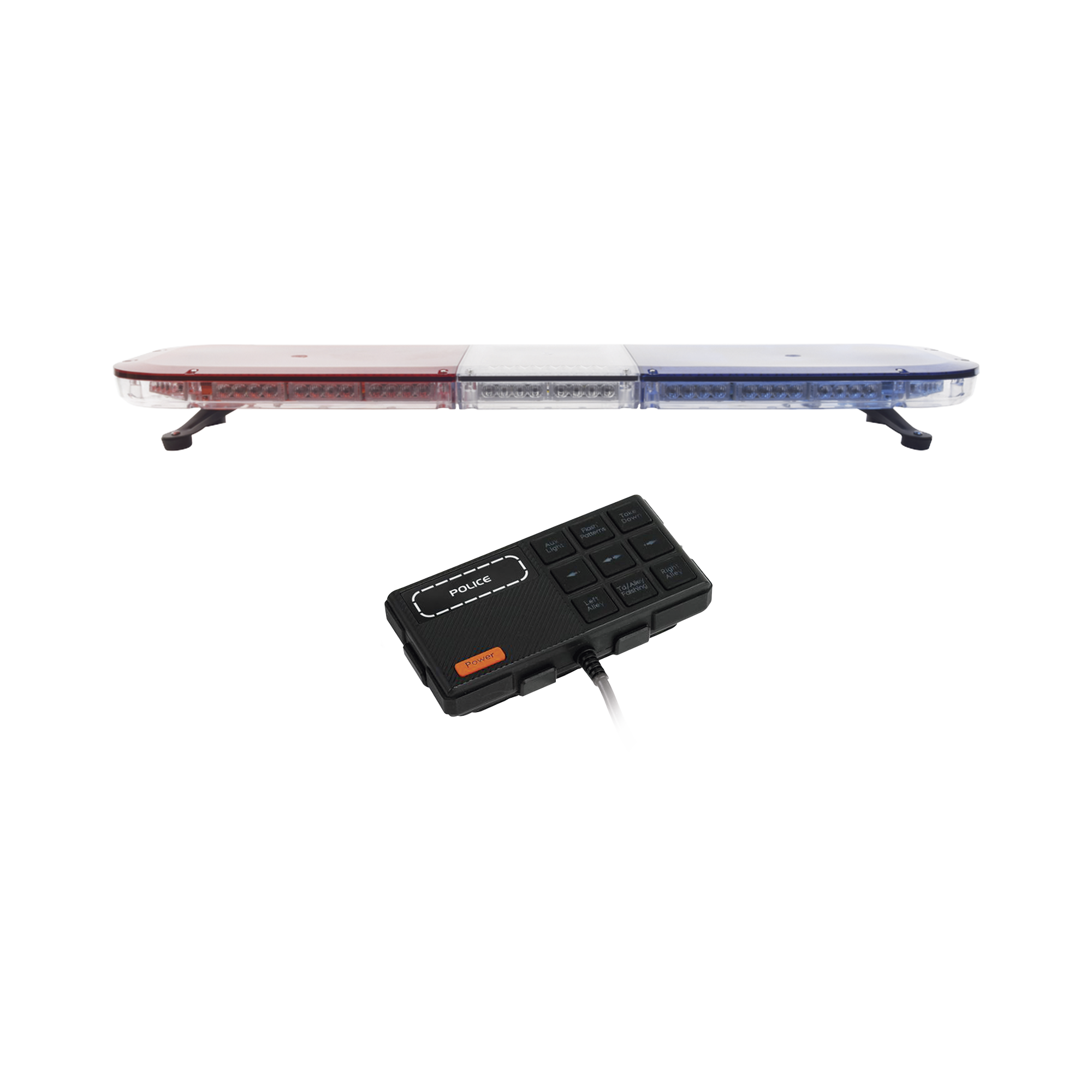 Barra de luces de 47" rojo/azul, 88 LED, con control de tráfico en color ámbar, ideal para equipar unidades de seguridad publica