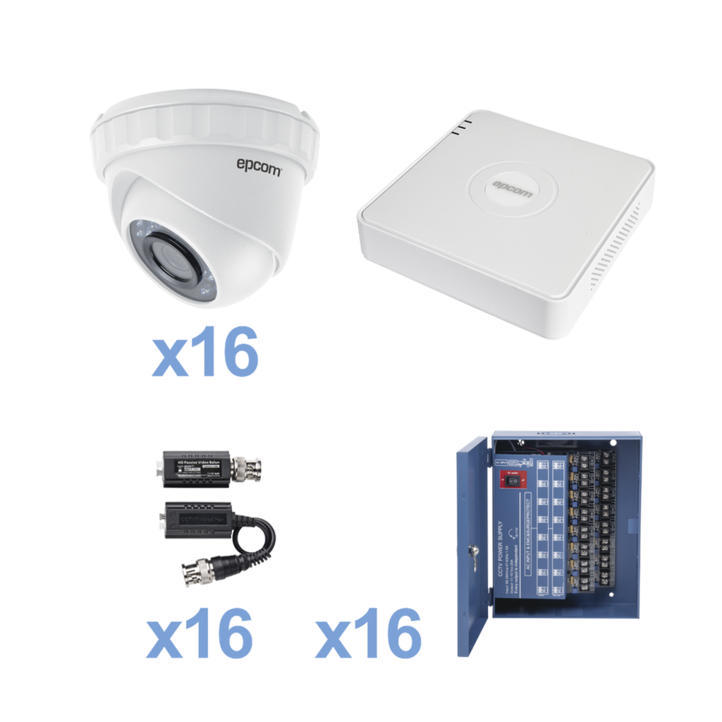 KIT TurboHD 1080p Lite / DVR 16 Canales / 16 Cámaras Eyeball  Exterior ( 2.8mm) / Transceptores / Conectores / Fuente de Poder Profesional