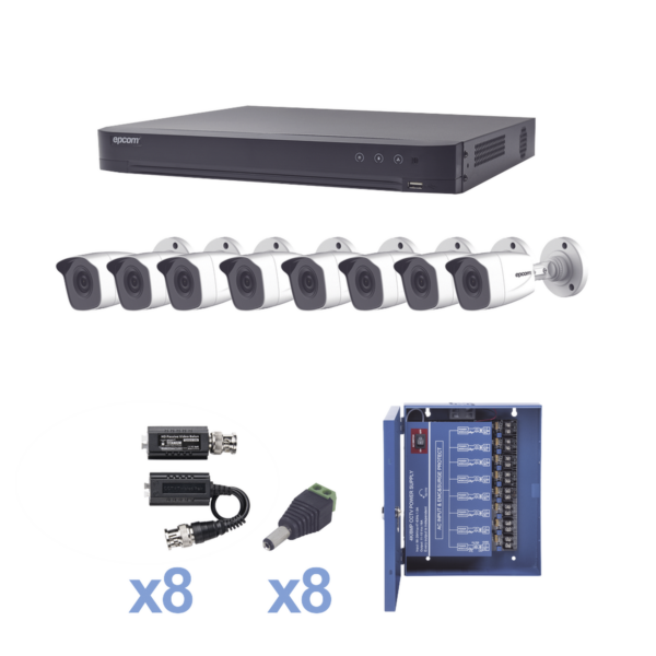 KIT TurboHD 1080p / DVR 8 Canales / 8 Cámaras Bala (exterior 2.8 mm) / Transceptores / Conectores / Fuente de Poder Profesional hasta 15 Vcc para Larga Distancias