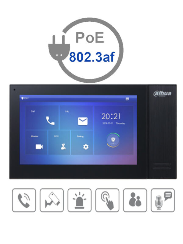 DAHUA VTH2421FB-P - Monitor IP Touch de 7 pulgadas/ Serie Pro/ Memoria de 8GB Embebida/ PoE Estandar/ Soporta Llamada en Grupo/ Ranura MicroSD/ 6&1 E&S de Alarmas/ Hasta 9 Monitores Adicionales/Soporta Dejar Videos y Mensajes de Texto/