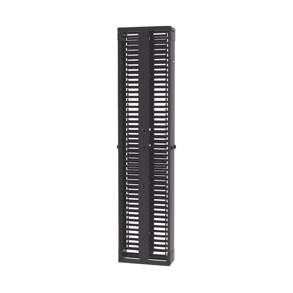 Organizador Vertical PatchRunner™, Doble (Frontal y Posterior), Para Rack Abierto de 45 Unidades, 8in de Ancho, Color Negro