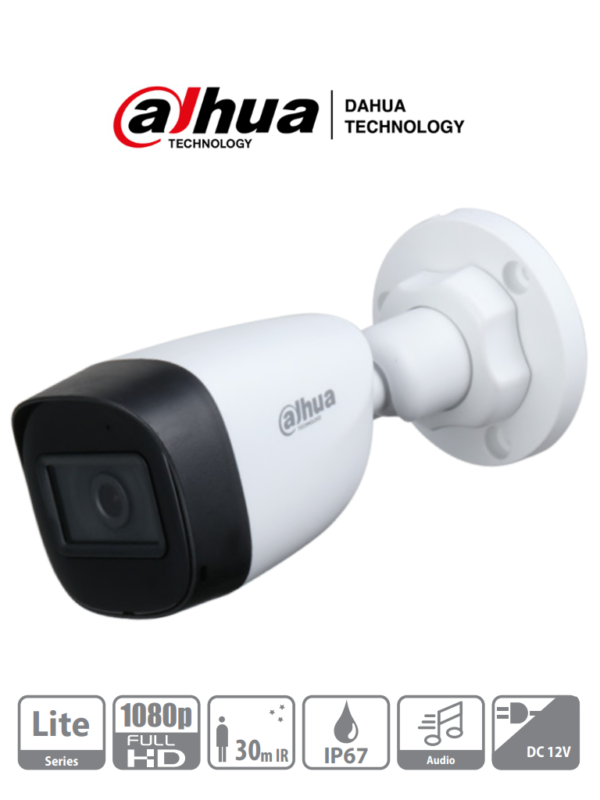 DAHUA HAC-HFW1200CN-A - Camara Bullet 1080p/ Micrófono Integrado/  Lente de 2.8mm/ 30 Mts de Ir/ IP67/ Policarbonato/ CVI/CVBS/AHD/TVI/ BLC/HLC/DWDR/