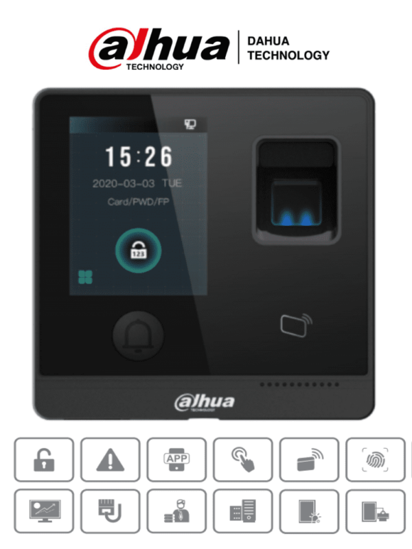 DAHUA ASI1212F-D - Control de Acceso Touch/ 3,000 Huellas/ 30,000 Tarjetas ID/ 30,000 Passwords/ 150,000 Registros/ Apertura Remota desde APP/ Tiempo de lectura de 1.5 s/ TCP/IP/ E&S de Alarma/ Boton de Apertura/