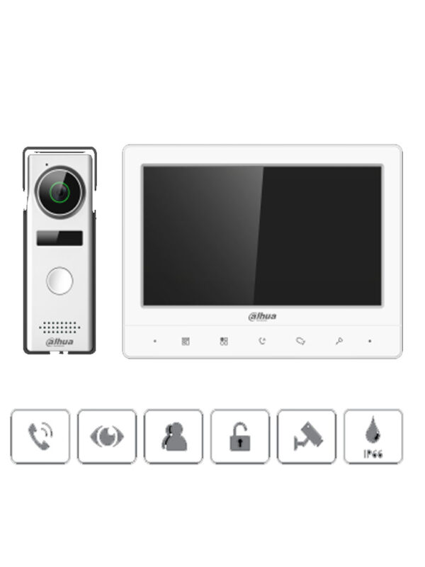DAHUA KTA02 - Kit de Videoportero Analógico/ Monitor con Pantalla de 7 Pulgadas/ Botones Touch/ Frente de Calle con Camara de 1.3 Megapixeles/ DWDR/ IP66/ Apertura de Puerta/ Soporta Hasta 2 Frentes de Calle + 3 Monitores/