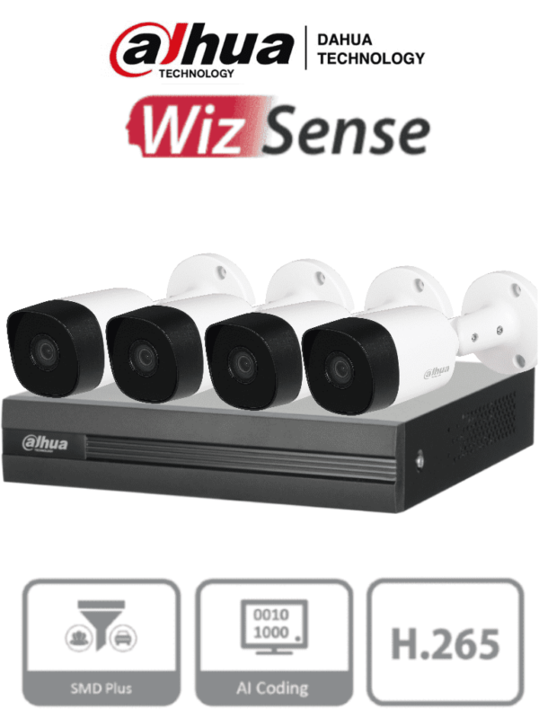 DAHUA KITXVR1B04H-I+4B2A51 - Kit de 4 Canales de 5 Megapixeles/ DVR Cooper-I WizSense/ Con IA/ H.265+/ 4 Camaras B2A51 Metalicas/ 4 Canales + 1 IP o Hasta 5 Canales IP/ 4 Canales SMD Plus/ Busqueda de Humanos y Vehiculos/ Accesorios Incluidos/