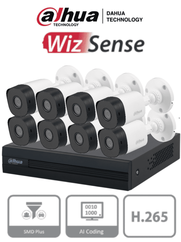 DAHUA KITXVR1B08- I+8-B1A21- Kit de 8 Canales 2 Megapixeles/ DVR Cooper-I WizSense/ Con IA/ H.265+/ 8 Camaras B1A21 1080p/ 8 Canales + 2 IP o Hasta 10 Canales IP/ 4 Canales SMD Plus/ Busqueda de Humanos y Vehiculos/ Accesorios Incluidos/