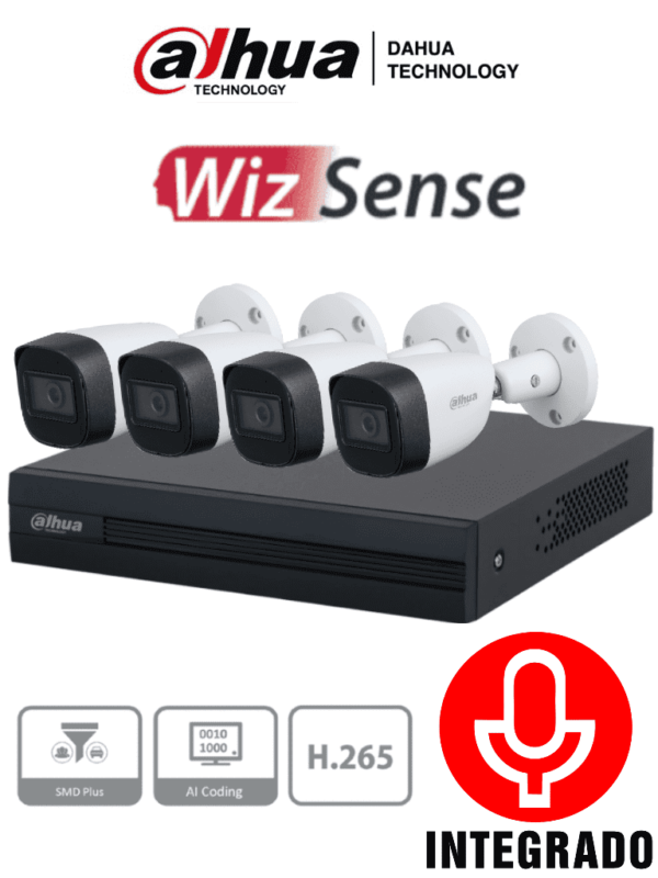 DAHUA KITXVR1B04-I+HFW1200CMA- Kit de 4 Canales de 2 Megapixeles con Audio/ DVR Cooper-I WizSense/ Con IA/ H.265+/ 4 Camaras Metalicas con Microfono Integrado/ 4 Ch+ 1 IP o Hasta 5 Ch IP/ 4 Ch SMD Plus/ Busqueda Inteligente/ Accesorios Incluidos/