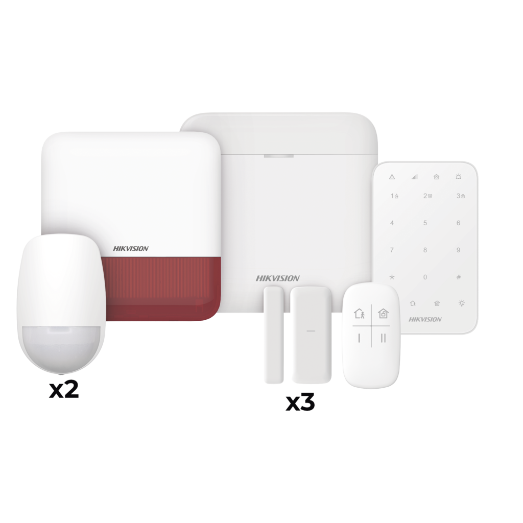 (AX PRO) KIT de Alarma AXP RO / Incluye: 1 Hub / 2 Sensores PIR / 3 Contactos Magnéticos mini / 1 Control Remoto / 1 Sirena Estrobo en color Rojo Inalambrica Exterior /1 Teclado Inalámbrico / WiFi / Compatible con Hik-Connect P2P