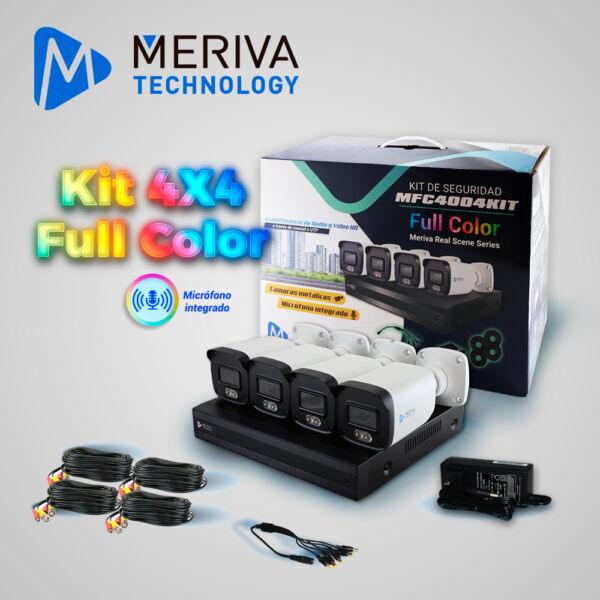 KIT 4X4 MFC4004KIT INCLUYE 1 DVR MXVR-4004A 4CH 1080P-LITE SOPORTA AUDIO SOBRE COAXIAL O UTP + 4 CÁMARAS HD MERIVA TECHNOLOGY BULLET 1080P 2.8MM TECNOLOGÍA FULL COLOR / MICRÓFONO INTEGRADO / CARCASA METÁLICA / IP67 / 12VCD MFC-2022A + 4 CABLES PRE PONCHADOS 18M C/U BNC Y ALIMENTACIÓN + FUENTE DE PODER + DISTRIBUIDOR DE ENERGÍA - TECNOLOGÍA FULL COLOR - MERIVA REAL SCENE - AUDIO EMBEBIDO EN CÁMARA - IMAGEN A COLOR 24X7 *NO INCLUYE DISCO DURO* - Image 2