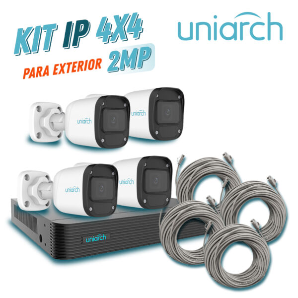 KIT 4X4 UNIARCH IP EXTERIOR BULLET 2MP 1080P INCLUYE 1 NVR POE 4PTOS + 4 CAM BULLET IP 2MP 2.8MM / CABLES PREPONCHADOS DE 18MTS