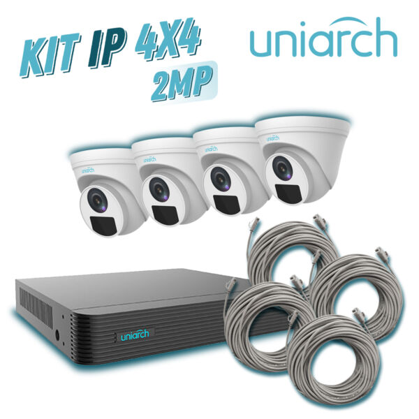 KIT 4X4 UNIARCH IP DOMO INTERIOR 2MP 1080P INCLUYE 1 NVR POE 4PTOS + 4 CAM DOMO IP 2MP 2.8MM / CABLES PREPONCHADOS DE 18MTS