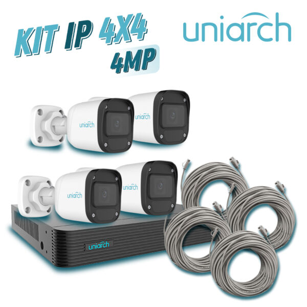 KIT 4X4 UNIARCH IP EXTERIOR BULLET 4MP INCLUYE 1 NVR POE 4PTOS + 4 CAM BULLET IP 4MP 2.8MM / CABLES PREPONCHADOS DE 18MTS