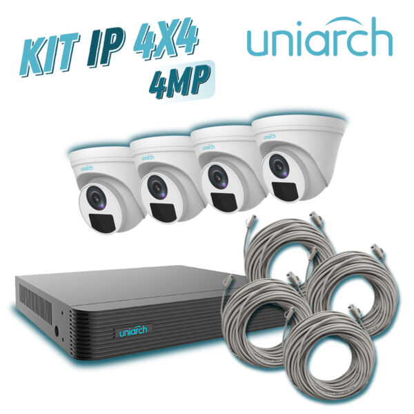 KIT 4X4 UNIARCH IP DOMO INTERIOR 4MP 1080P INCLUYE 1 NVR POE 4PTOS + 4 CAM DOMO IP 4MP 2.8MM / CABLES PREPONCHADOS DE 18MTS