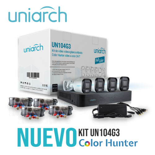 KIT UNIARCH 4X4 CALIDAD 1080P 2MP ANALOGO BULLET EXTERIOR UN104G3 TECNOLOGIA COLORHUNTER VIDEO A COLOR 24/7 INCLUYE 4 CAMARAS 2MP BULLET EXTERIORES LENTE 2.8MM 1 XVR 4 CABLES PREPONCHADOS DE 18M 1 DISTRIBUIDOR DE ENERGIA Y FUENTE DE PODER