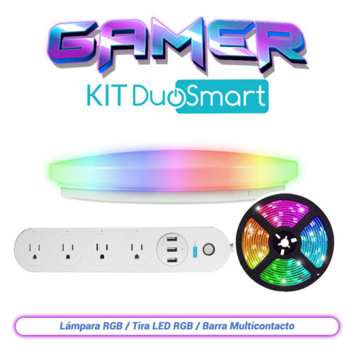 KIT DE ILUMINACIÓN GAMER, GAMER KIT DUOSMART. INCLUYE: 1 LÁMPARA RGB S20, 1 TIRA LED RGB S30 Y UNA BARRA MULTICONTACTO B50