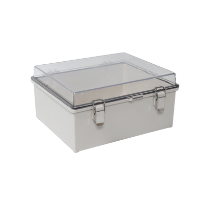 Gabinete Plástico ABS, Puerta Transparente, Uso en Intemperie IP66 (190 x 290 x 140 mm) cierre por Broche Inoxidable.