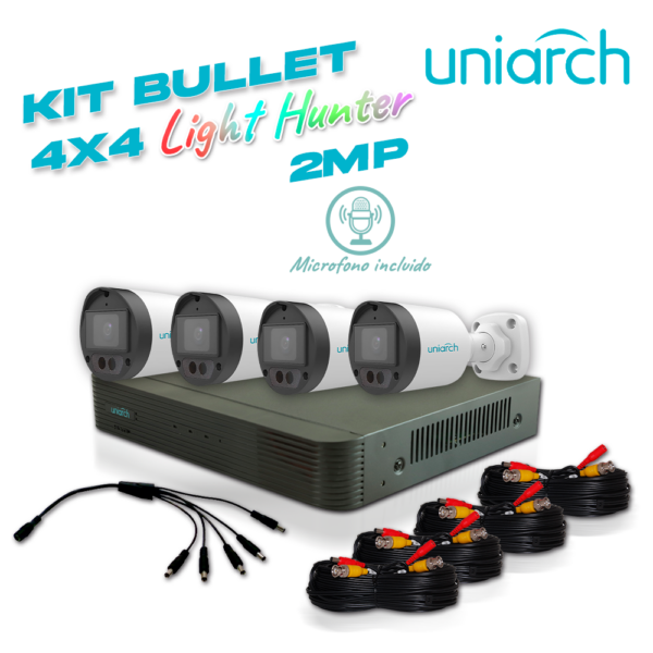 KIT UNIARCH 4X4 CALIDAD 2MP ANALOGICO 4 CÁMARAS LIGHTHUNTER BULLET INTERIOR / EXTERIOR / LENTE FIJO 2.8MM / 12VDC / IP67 / 20M IR / DWDR / METAL PLASTICA / MENU OSD / MIC INCLUIDO / DEFOG, 1 DVR PENTAHIBRIDO UNIARCH XVR-104G3, 4 CABLES PREPONCHADOS DE 18 MTS Y UN PULPO DE 5 SALIDAS