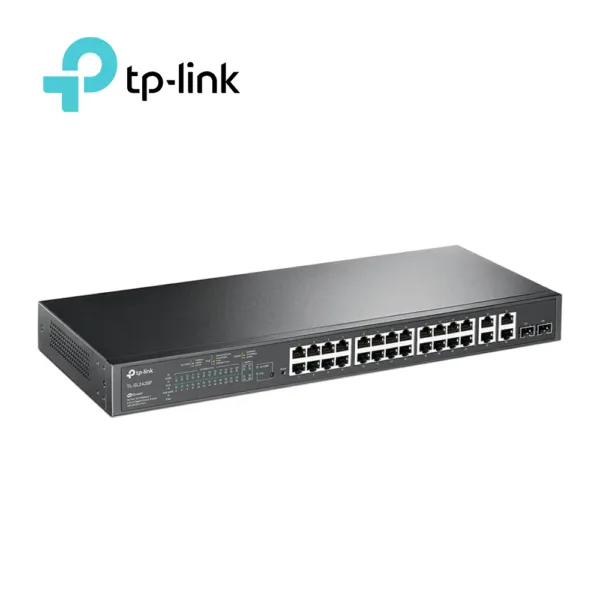 SWITCH ADMINISTRABLE TP-LINK SL2428P (TL-SL2428P) / CUENTA CON 24 PUERTOS RJ45 POE AF/AT 10/100 Mbps + 2 PUERTOS GIGA RJ45 + 2 PUERTOS GIGA COMBO RJ45/SFP / POTENCIA POE TOTAL 250 W / CARCASA METALICA IDEAL PARA RACK / USO INTERIOR / GESTION CENTRALIZADA CON OMADA