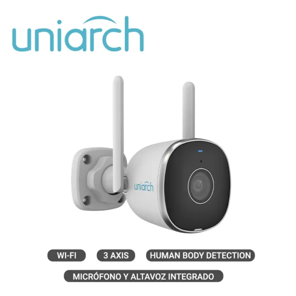 CAMARA IP BULLET WIFI UNIARCH UHO-B2R-M2F34 / 2MP / HD/ ULTRA265 / 12 VCD / DWDR / 3 AXIS / LENTE FIJO DE 2.8 MM / IR INTELIGENTE HASTA 20M / MICROFONO Y ALTAVOZ INTEGRADO / HUMAN BODY DETECTION / AUDIO DETECTION / RANURA PARA MICRO SD HASTA 128 GB / IP67