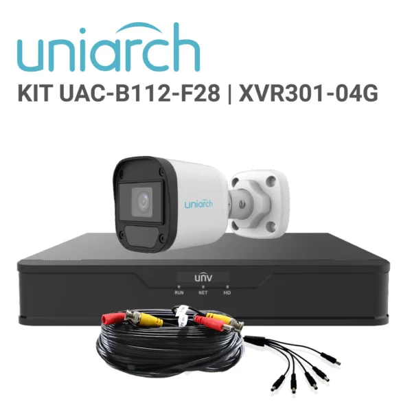 KIT ANALÓGICO UNIARCH / KIT-UAC-B112-F28 / 4 CÁMARAS BULLET ANALÓGICAS UAC-B112-F28 / 2MP / LENTE FIJO 2.8 MM/ IP 67/ IR 20M / INTERIOR / EXTERIOR / 1 DVR PENTAHIBRIDO UNV XVR301-04G / 4 CABLES DE VIDEO HD Y UN PULPO DE 5 SALIDAS