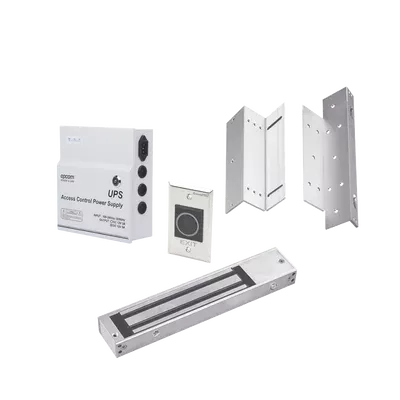 Kit para control de acceso incluye Fuente de 12VCD con respaldo de batería/ Chapa magnética de 600Lbs / Montajes L y Z / Botón de salida
