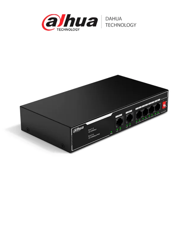 DAHUA DH-SF1006LP - Switch PoE de 6 Puertos Fast Ethernet/ 4 Puertos PoE 10/100/ 36 Watts Totales/ 2 Puertos Uplink RJ45 10/100/ PoE Watchdog/ Soporta hasta 250mts sobre UTP CAT 6/ Protección Contra Descargas/ #LoNuevo