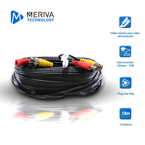 CABLE DE VIDEO HD ARMADO MERIVA MVA-HDCB20 20MTS NEGRO CON CONECTORES DE VIDEO BNC Y CORRIENTE OPTIMIZADO PARA AHD/HDTVI/HDCVI Y AUDIO POR COAXIAL