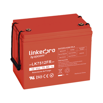 Batería 12 V / 75 Ah / UL / Tecnología AGM-VRLA / Vida útil promedio de 5 años / Retardo a la flama / Para uso en equipo electrónico, Alarmas de Intrusión / Incendio/ Control de acceso / Video Vigilancia / T2