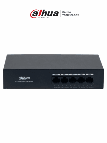 DAHUA DH-PFS3005-4GT-36 - Switch con 4 puertos Gigabit PoE y 1 puerto Uplink RJ45 10/100/1000 Mbps. Ofrece protección contra descargas eléctricas, ideal para alimentar dispositivos IP. Incluye fuente de Poder. #Anivdahua2 #SWDA