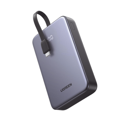 Power Bank Portatil | 2000mAh (74Wh) | 30W | Con Cable USB-C Incorporado | 2 Salidas 22,5W | Pantalla Inteligente | Multiple Proteccion | Aprobado por Aerolíneas | Color Grey.