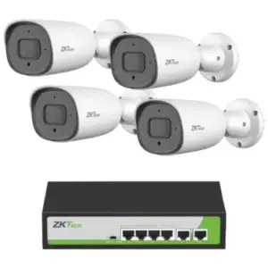 ZKTECO POE4255CPAK - Paquete de 4 Cámaras IP Bullet Full Color 5MP BS855P12CS7CMI con Switch PoE Fast Ethernet 4 Puertos AF/AT