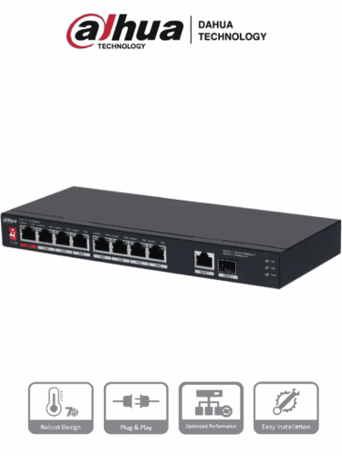 DAHUA PFS3110-8ET1GT1GF-96 -Switch PoE de 10 Puertos/8 Puertos Poe 10/100/1Puerto SFP de1000 Mbps/1 Puerto Uplink de 10/100/1000/ 96 Watts Totales/ Alimentación hasta 250 Mts/Soporta PoE Whatchdog/Puerto Rojo soporta IEEE 802.3bt/#SwitchD2 #REM #MCI2 #RMM