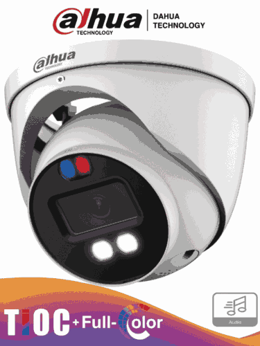 DAHUA DH-HAC-ME1809HN-A-PV - Camara Domo TiOC 4k/ Disuasión Activa/ Iluminador Dual Inteligente + FullColor/ Estrobo con Luz Roja y Azul/ Lente de 2.8mm/ 106 Grados de Apertura/ 40 Metros de IR y  Luz Visible/ Microfono Integrado/ IP67/