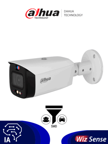 DAHUA DH-IPC-HFW3449T1-ZAS-PV - Cámara IP Bullet de 4 MP /WizSense/ Lente Varifocal/ TIOC 2.01/ disuasión activa de luz dual inteligente/ IR 50 m/Luz cálida 40 m/ SMD 4.0/ Disuasión Activa/ Audio bidireccional/ PoE/ IP67/ E&S de Alarma