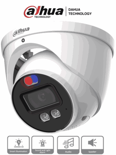 Dahua HAC-ME1239HN-A-PV - Cámara Domo TiOC de 2 Megapixeles/ Disuasion Activa Luz Roja y Azul/  Lente de 3.6 mm/ Super Adapt/ Microfono y Altavoz Integrados/ 40 Metros de Iluminación (IR y Cálida)/ Metalica/ IP67/