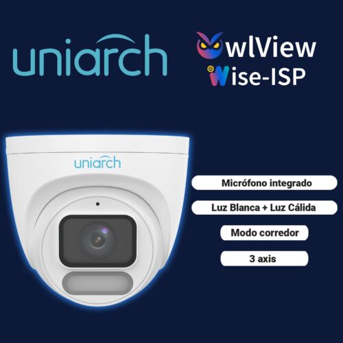 CAMARA IP TURRET OWLVIEW UNIARCH IPC-T244-ADF28K-WP / 4MP / LENTE 2.8MM / WDR120DB / LUZ-BLANCA+LUZ-CALIDA30M / MICROSD512GB / MICROFONO-INTEGRADO / ULTRA-MOTION-DETECTION / POE-AF / ONVIF / 3-AXIS / IP67 / METAL+PLASTICO / ULTRA265 / NDAA / SERIE HALO / MODOCORREDOR