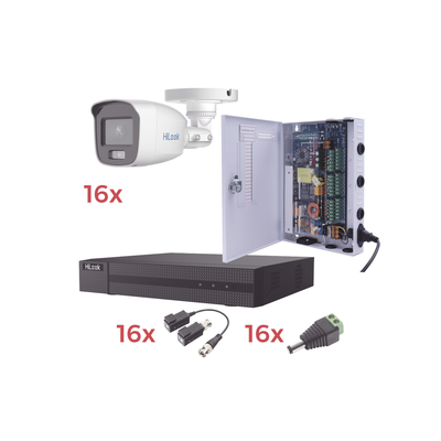 Kit TurboHD 1080p Lite / DVR 16 Canales / 16 Cámaras Bala Exterior ( 2.8mm) con ColorVu + Micrófono Integado / Transceptores / Conectores / Fuente de Poder Profesional