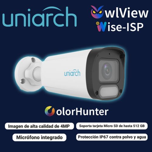 CAMARA IP BULLET OWLVIEW UNIARCH IPC-B244-ADF28K-WP / 4MP / LENTE 2.8MM / WDR120DB / LUZ-BLANCA+LUZ-CALIDA30M / MICROSD512GB / MICROFONO-INTEGRADO / ULTRA-MOTION-DETECTION / POE-AF / ONVIF / 3-AXIS / IP67 / METAL+PLASTICO / ULTRA265 / NDAA / SERIE HALO / MODOCORREDOR
