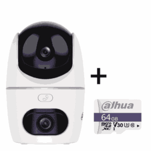 DAHUA PAQUETE Cámara IP-HPT1539DD-STW-5E2-IL/PT Dual de 10 MP/2 Lentes de 3k/ 30 de IR y Luz Visible/ Botón de Llamada/ Audio 2 vías/ Detección de Humanos y Mascotas/ Disuación activa/ AutoTracking/ Ranura MicroSD + Memoria Micro SD DHI-TF-C100/64GB