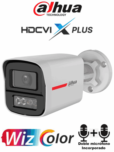 DAHUA DH-HAC-HFW1549XN-IL-A-PRO - Cámara Bullet 5MP WizColor/ Imagen 24H a Color/ Corrección de Imagen por IA/ Iluminador Dual Int Mediante IR y Luz Calida / Hasta 50m de Ilumin/ Doble Mic Incorp/ Campo de Visión de Hasta 101°/ Policarbonato + Metal