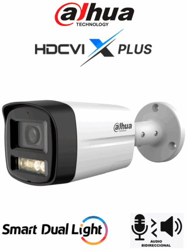DAHUA DH-HAC-HFW1500TLMN-IL-T - Camara Bullet de 5 Megapixeles/ Audio 2 Vías/ Iluminador Dual Inteligente Mediante IR y Luz Calida/ 3DNR Para Reducción de Ruido en Imagen/ Lente de 2.8mm/ IR de Hasta 40 Mts/ IP67/ Policarbonato + Metal