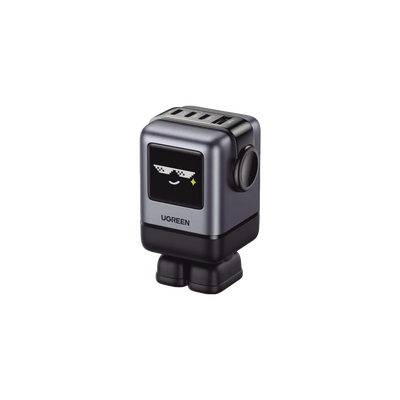 Cargador RobotGaN de 100W Serie UNO | 4 Puertos de Carga Rápida | 3 USB-C | 1 USB-A | PD 3.0 | QC 4.0 | Carga Inteligente | Tecnología GaN II | Zapato Magnético Extraíble | Carcasa Ignífuga | Pantalla LED