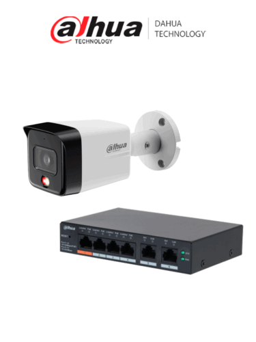 DAHUA DH-CS4006-4ET2ET-60 - 1 Switch PoE de 6 Puertos Administrable con 4 PoE  y 2 uplink/65 W PoE/ DoLynk Care + 1 IPC-HFW1839TC-A-IL Cámara IP Bullet 4k/Iluminador Dual/ Lente de 2.8 mm/ 110°/ Micrófono/IR de 30m/ IP67/PoE/