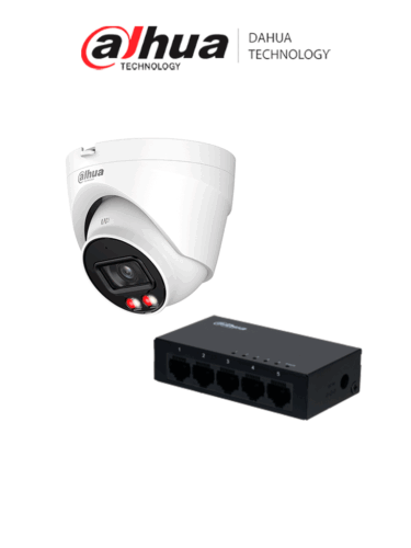 DAHUA PFS3005-5GT - Switch Gigabit de 5 Puertos No Administrable/ Capa 2/ 10/100/1000 Base-T/ Switching 10G/  + DH-IPC-HDW1439V-A-IL Cámara IP Eyeball 4 MP/ Iluminador dual inteligente/ Detección Humana/IR 30m/LED 30m/2.8 mm/Micrófono/PoE/IP67/